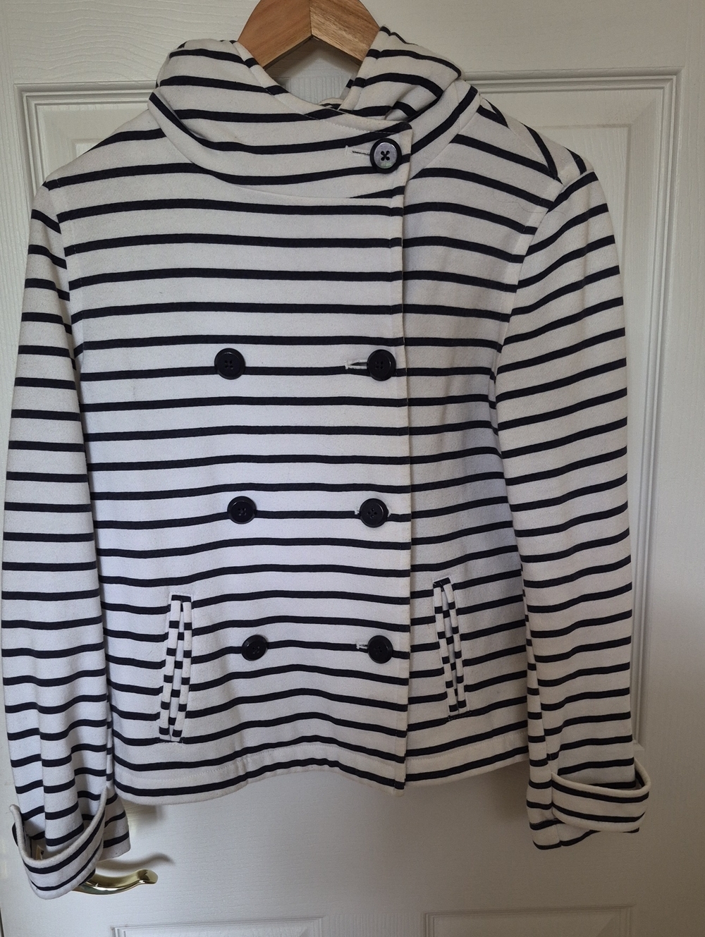 Striped Double-Breasted Women's Peacoat Jacket - White & Navy - Small